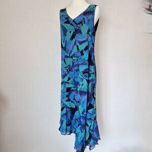 Vintage Y2K Chico's 100% Silk Floral Asymmetrical-Hem Midi Dress Sleeveless